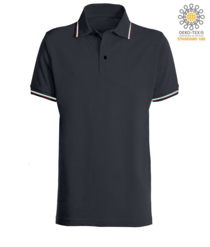 Polo piqué tricolore manica corta, spacchetti laterali, tre bottoni in tinta, made in Italy, colore nero