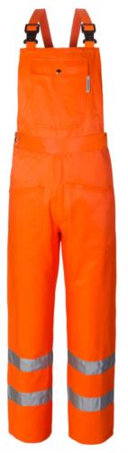 Salopette alta visibilità, doppia banda su fondo gamba tascone sulla pettorina, bretelle regolabili, certificata EN 20471, colore arancione