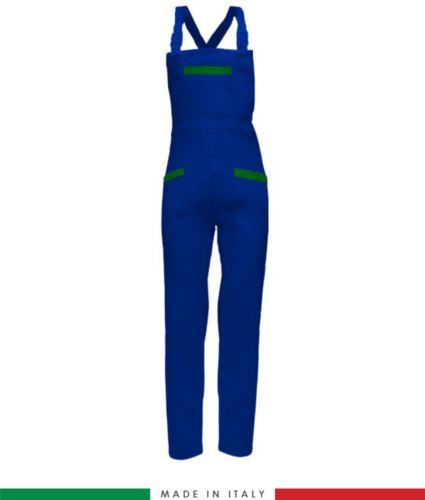 Salopette da lavoro bicolore. Possibilità di produzione personalizzata. Made in Italy. Multitasche. Colore azzurro royal/verde brillante