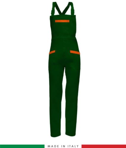 Salopette da lavoro bicolore. Possibilità di produzione personalizzata. Made in Italy. Multitasche. Colore verde bottiglia/arancione