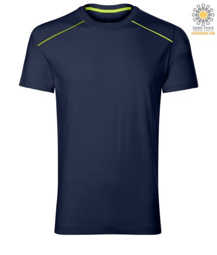 T-Shirt a maniche corte girocollo con piping fluo sulle spalle e sulla schiena. Colore: Blu Navy