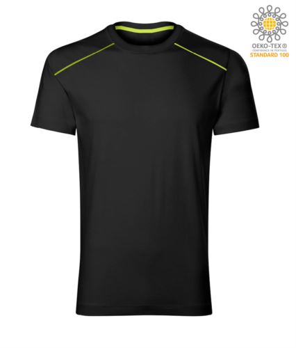 T-Shirt a maniche corte girocollo con piping fluo sulle spalle e sulla schiena. Colore: Nero