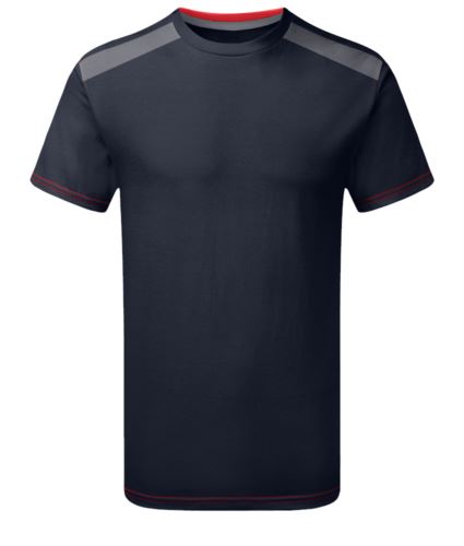 T-Shirt a manica corta bicolore blu e grigia con cuciture rosse