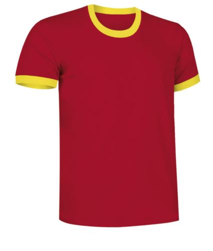 T-Shirt a maniche corte in cotone Ring-Spun, girocollo e fondo manica in contrasto, colore rosso e giallo