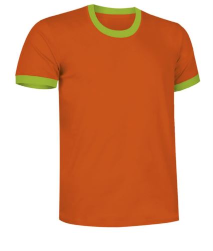 T-Shirt a maniche corte in cotone Ring-Spun, girocollo e fondo manica in contrasto, colore arancione e verde