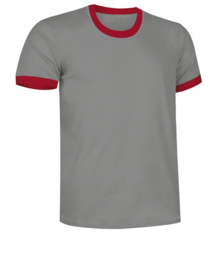 T-Shirt a maniche corte in cotone Ring-Spun, girocollo e fondo manica in contrasto, colore grigio e rosso