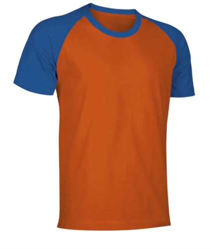 T-Shirt da lavoro manica corta, bicolore in jersey, colore arancione e azzurro royal