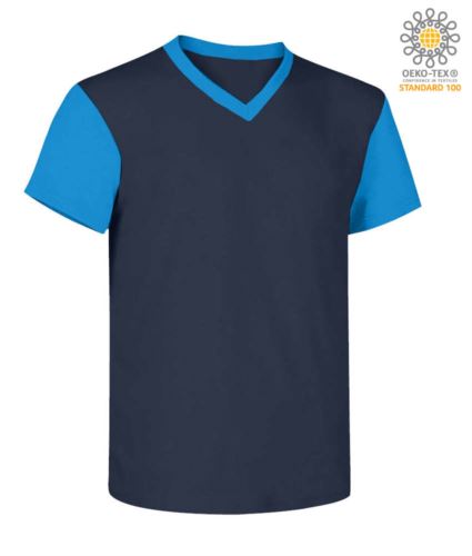 T-Shirt da lavoro scollo a V, bicolore, collo e maniche in contrasto. Colore Blu Navy/Royal