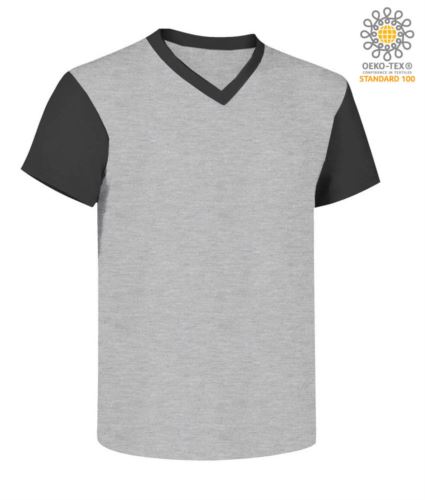 T-Shirt da lavoro scollo a V, bicolore, collo e maniche in contrasto. Colore Grigio chiaro/Nero