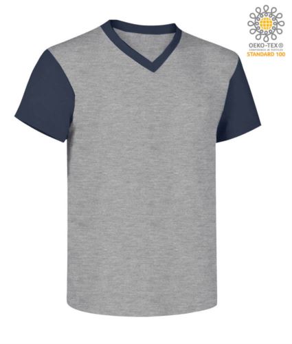 T-Shirt da lavoro scollo a V, bicolore, collo e maniche in contrasto. Colore grigio melange/blu navy