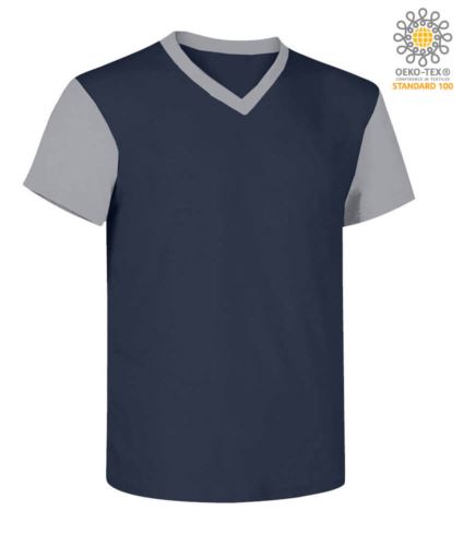 T-Shirt da lavoro scollo a V, bicolore, collo e maniche in contrasto. Colore blu navy/grigio