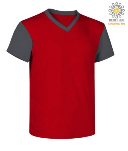 T-Shirt da lavoro scollo a V, bicolore, collo e maniche in contrasto. Colore rosso/grigio