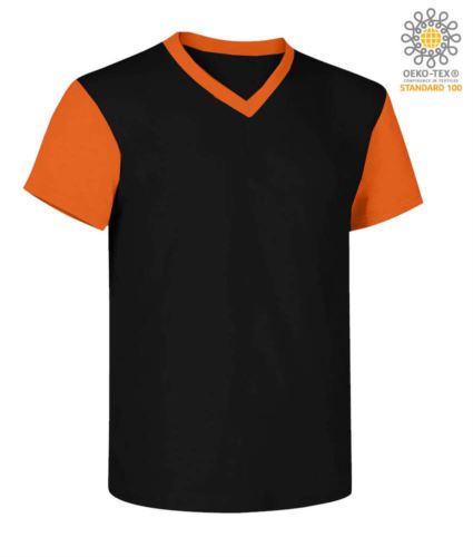 T-Shirt da lavoro scollo a V, bicolore, collo e maniche in contrasto. Colore nero/arancione