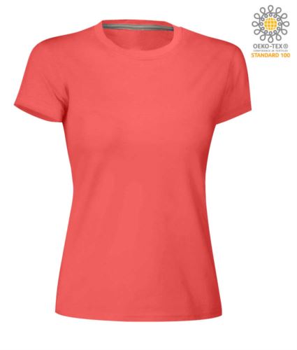 T-shirt donna girocollo a maniche corte da lavoro in cotone, colore hot coral