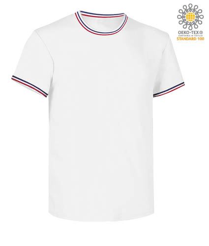 T-shirt maniche corte girocollo. Colletto in rib misto Spandex da 2.3 cm con cucitura ribattuta sul davanti, nastro di rinforzo da spalla a spalla. Cuciture stretch, cucita lateralmente. colore Bianco/Francia