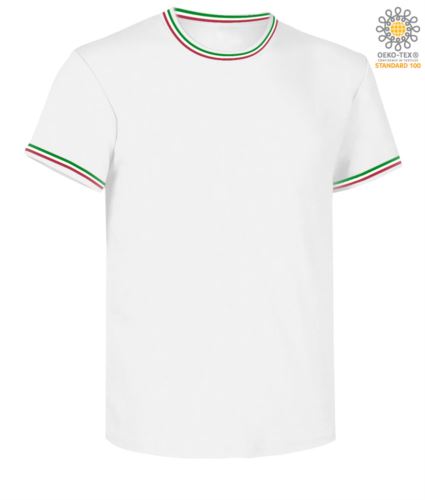 T-shirt maniche corte girocollo. Colletto in rib misto Spandex da 2.3 cm con cucitura ribattuta sul davanti, nastro di rinforzo da spalla a spalla. Cuciture stretch, cucita lateralmente. colore bianco