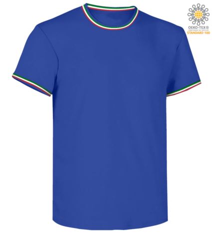 T-shirt maniche corte girocollo. Colletto in rib misto Spandex da 2.3 cm con cucitura ribattuta sul davanti, nastro di rinforzo da spalla a spalla. Cuciture stretch, cucita lateralmente. colore azzurro royal