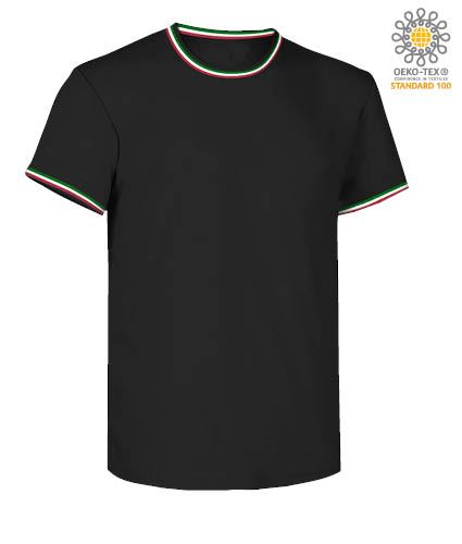 T-shirt maniche corte girocollo. Colletto in rib misto Spandex da 2.3 cm con cucitura ribattuta sul davanti, nastro di rinforzo da spalla a spalla. Cuciture stretch, cucita lateralmente. colore nero