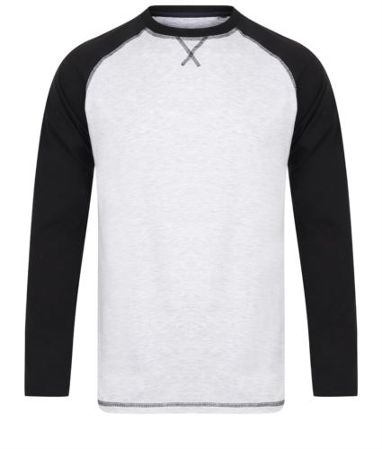 T-shirt girocollo a manica lunga, bicolore, dettaglio della cucitura, colore nero e grigio mélange