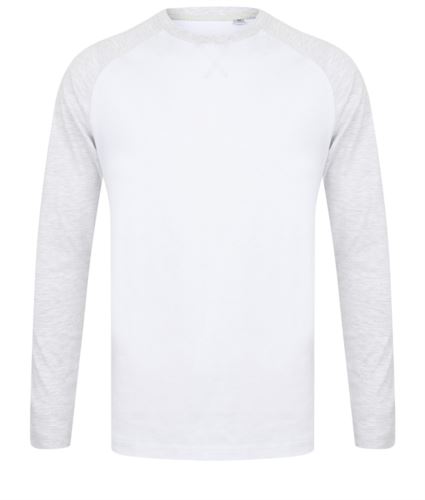 T-shirt girocollo a manica lunga, bicolore, dettaglio della cucitura, colore grigio mélange e bianco