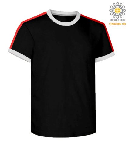 T-shirt girocollo da lavoro, colletto e fondo manica in contrasto e strisce di colore sulle spalle, colore nero