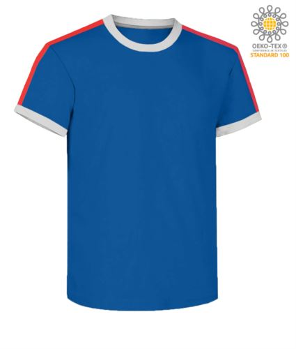 T-shirt girocollo da lavoro, colletto e fondo manica in contrasto e strisce di colore sulle spalle, colore azzurro royal