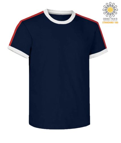 T-shirt girocollo da lavoro, colletto e fondo manica in contrasto e strisce di colore sulle spalle, colore blu navy
