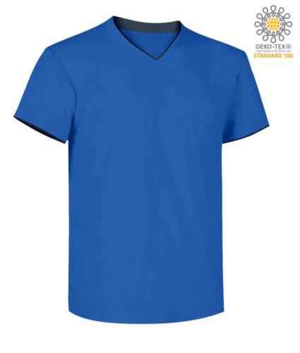 T-Shirt manica corta scollo a V, colletto interno e fondo manica in contrasto, colore azzurro royal e blu