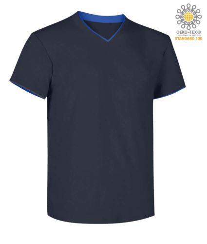 T-Shirt manica corta scollo a V, colletto interno e fondo manica in contrasto, colore blu navy e azzurro