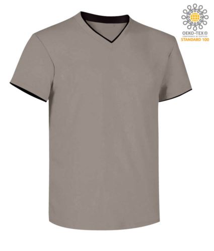 T-Shirt manica corta scollo a V, colletto interno e fondo manica in contrasto, colore grigio chiaro e nero