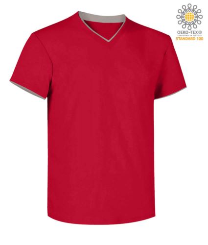 T-Shirt manica corta scollo a V, colletto interno e fondo manica in contrasto, colore rosso e grigio