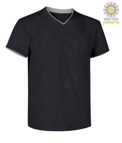 T-Shirt manica corta scollo a V, colletto interno e fondo manica in contrasto, colore blu navy e grigio