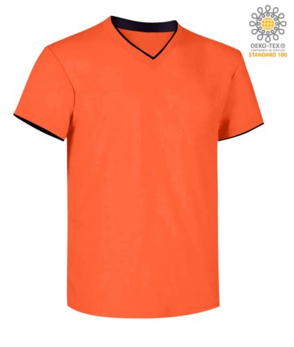 T-Shirt manica corta scollo a V, colletto interno e fondo manica in contrasto, colore arancione e nero