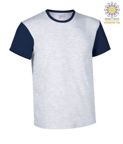 T-Shirt manica corta da lavoro bicolore, girocollo e maniche in contrasto, 100% Cotone. Colore grigio melange e blu