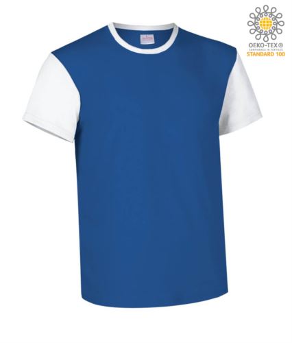 T-Shirt manica corta da lavoro bicolore, girocollo e maniche in contrasto, 100% Cotone. Colore blu royal e bianco