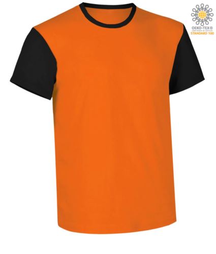 T-Shirt manica corta da lavoro bicolore, girocollo e maniche in contrasto, 100% Cotone. Colore arancione e nero