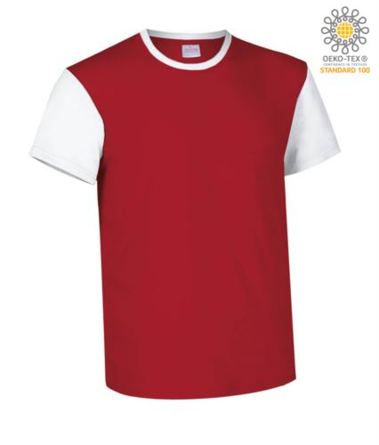 T-Shirt manica corta da lavoro bicolore, girocollo e maniche in contrasto, 100% Cotone. Colore rosso e bianco