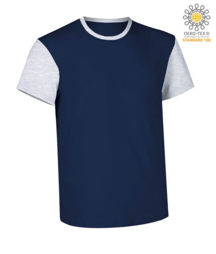 T-Shirt manica corta da lavoro bicolore, girocollo e maniche in contrasto, 100% Cotone. Colore blu navy e bianco