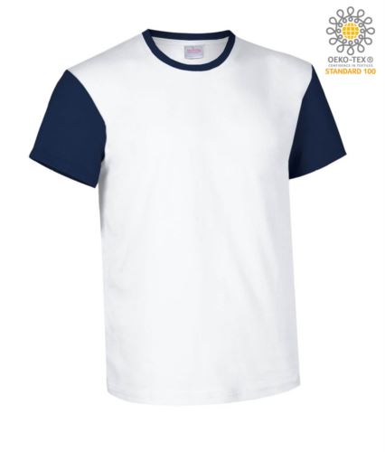 T-Shirt manica corta da lavoro bicolore, girocollo e maniche in contrasto, 100% Cotone. Colore bianco e blu