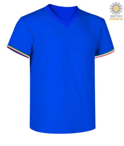 T-shirt a manica corta, con lo scollo a V, tricolore italiano sul fondo manica, colore blu royal
