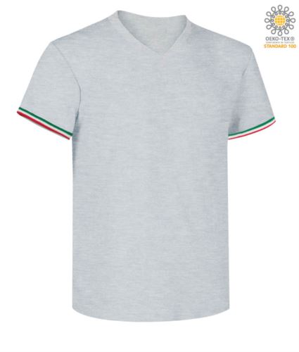 T-shirt a manica corta, con lo scollo a V, tricolore italiano sul fondo manica, colore grigio melange