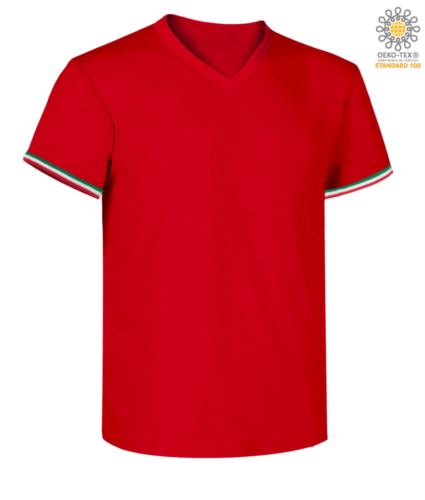 T-shirt a manica corta, con lo scollo a V, tricolore italiano sul fondo manica, colore rosso