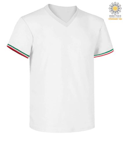 T-shirt a manica corta, con lo scollo a V, tricolore italiano sul fondo manica, colore bianco