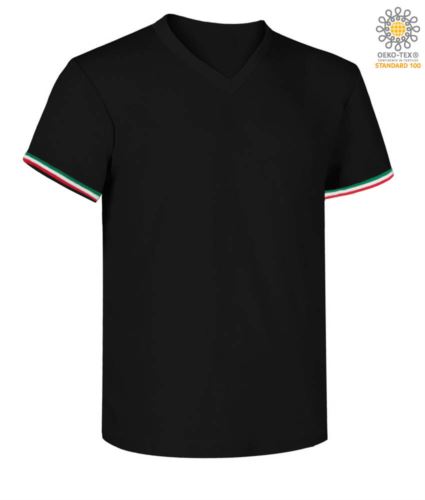 T-shirt a manica corta, con lo scollo a V, tricolore italiano sul fondo manica, colore nero