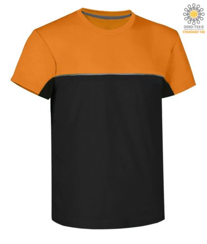 T-shirt bicolore ecosostenibile a maniche corte. Taglio aderente. Collo tondo a costine 1x1 con elastane e nastrino di rinforzo. Dettaglio a contrasto tra le parti bicolore del capo. Finitura a doppia impuntura a fondo maniche e fondo capo. Certificata: STANDARD 100 by OEKO-TEX®, RCS - Recycled Claim Standard. Colore: Nero/Arancione