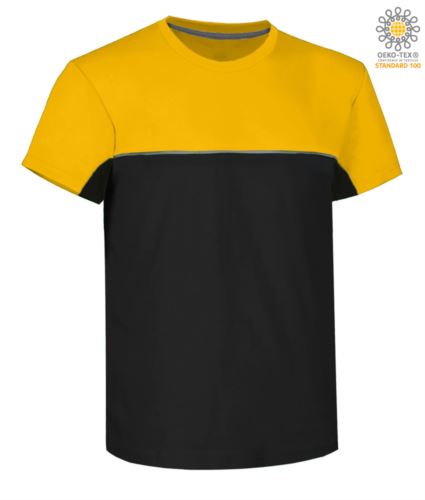 T-shirt bicolore ecosostenibile a maniche corte. Taglio aderente. Collo tondo a costine 1x1 con elastane e nastrino di rinforzo. Dettaglio a contrasto tra le parti bicolore del capo. Finitura a doppia impuntura a fondo maniche e fondo capo. Certificata: STANDARD 100 by OEKO-TEX®, RCS - Recycled Claim Standard. Colore: Nero/Giallo