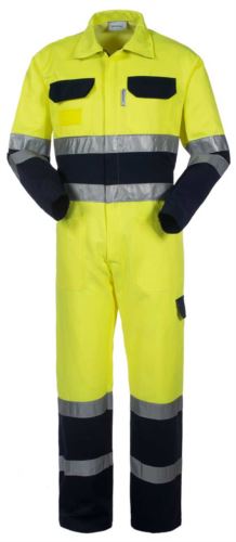 Tuta intera alta visibilità bicolore con chiusura centrale coperta con collo a camicia, doppia banda su fondo gamba, maniche e girovita, multitasche, velcro per porta badge. Certificata EN 20471, colore giallo e blu