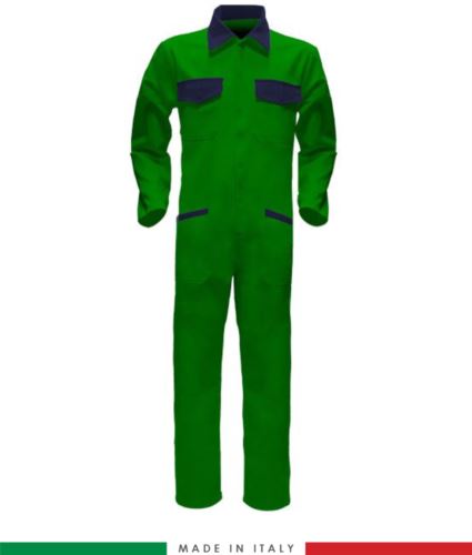 Tuta intera bicolore, collo a camicia, cerniera centrale coperta, elastico in vita. Possibilità di produzione personalizzata. Made in Italy. Colore Verde Brillante/Blu Navy