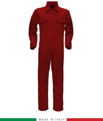 Tuta intera bicolore, collo a camicia, cerniera centrale coperta, elastico in vita. Possibilità di produzione personalizzata. Made in Italy. Colore Rosso