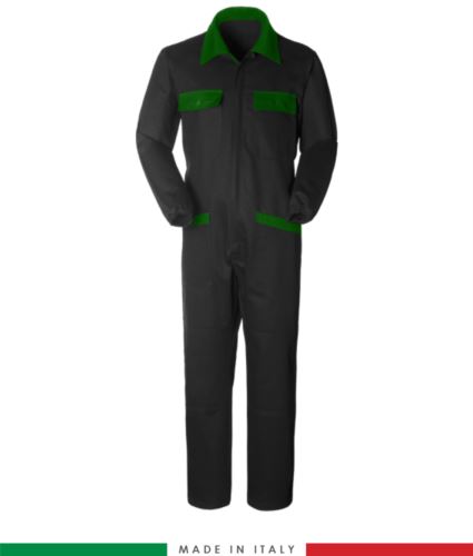 Tuta intera bicolore, collo a camicia, cerniera centrale coperta, elastico in vita. Possibilità di produzione personalizzata. Made in Italy. Colore Nero/Verde Bottiglia